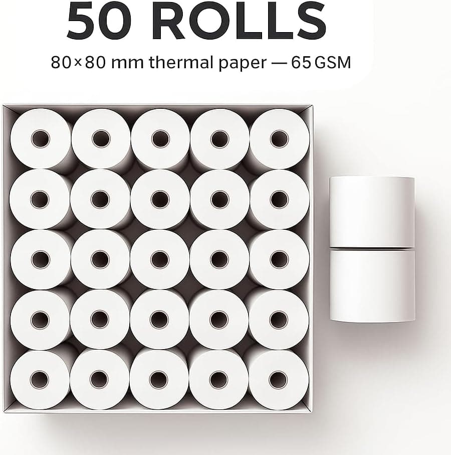 AOURA Thermal Receipt Paper Rolls 80x80mm | 65 GSM | Pack of 50 Rolls | POS &amp; Cash Register